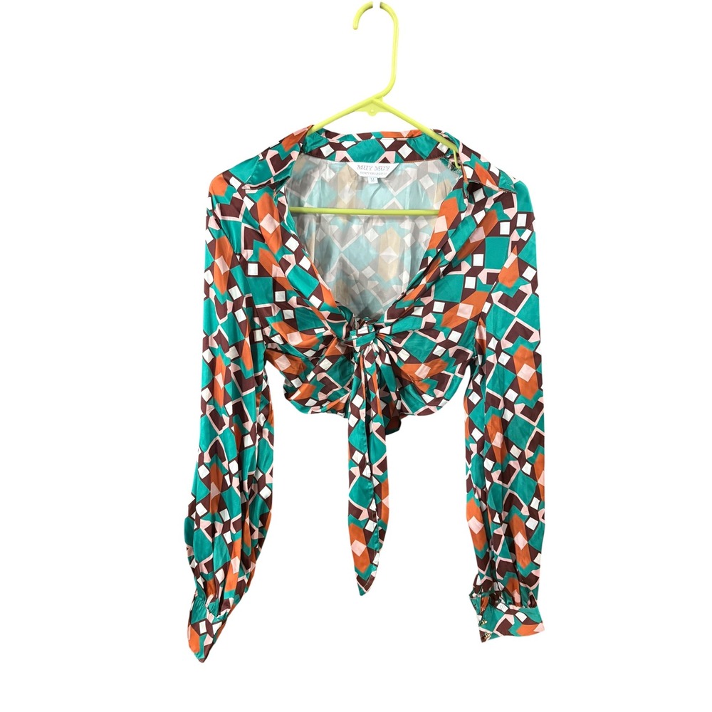 Muy Muy Fancy Collection Geometric Print Tie Front Crop Top Teal Orange Medium
